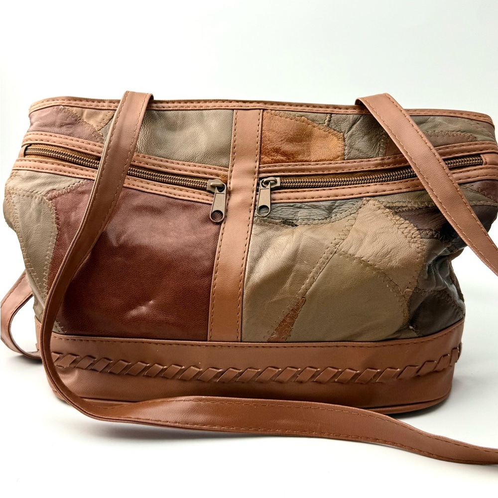 Vintage Patchwork Leather Shoulder Bag - Multi-Tone Browns: